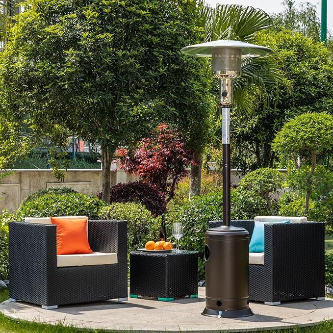 HEXAGO Outdoor Propane Patio Heater, 47,000 BTU Stainless Steel Standing Heater with Wheels, One-Touch Ignition & Adjustable Heat Control, Safety Auto Shut-Off System for Garden, Backyard & Restaurant