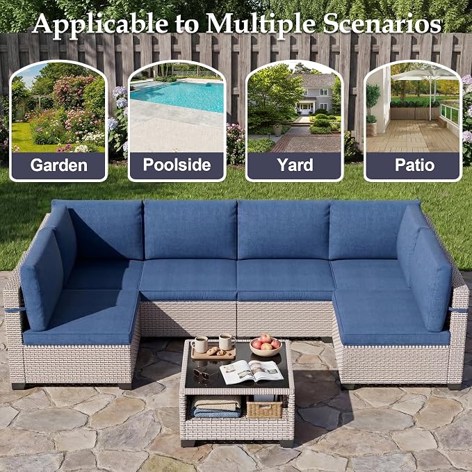 Patio Furniture Set, 15-Piece Outdoor Sectional Sofa with 60,000 BTU Fire Pit Table & 2-Layer Glass Coffee Table, Wicker Patio Conversation Set with Blue Cushions