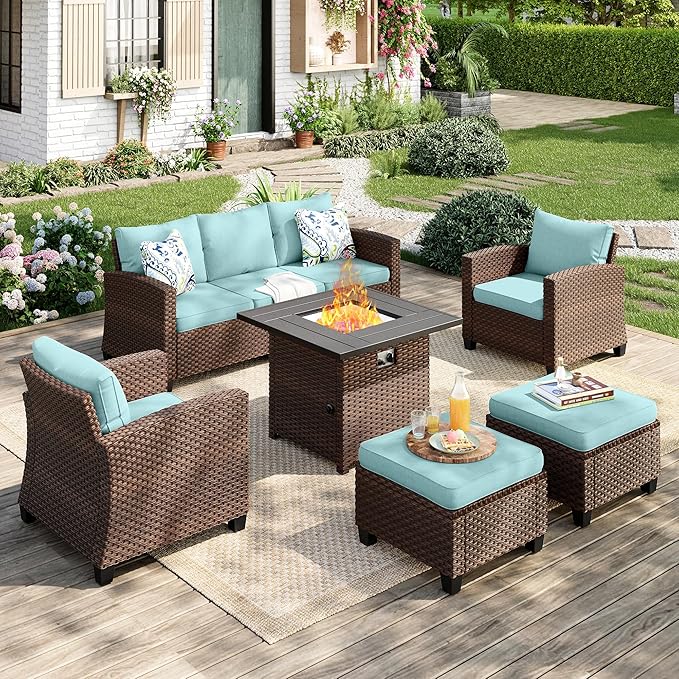 Patio Furniture Set, 6 Pcs Wicker Rattan Outdoor Conversation Set, 2 x Leg Chairs, 1 x 3 Seater Sofa and 2 x Ottoman with 4" Thick Cushion and 32" Fire Pit Table, Blue