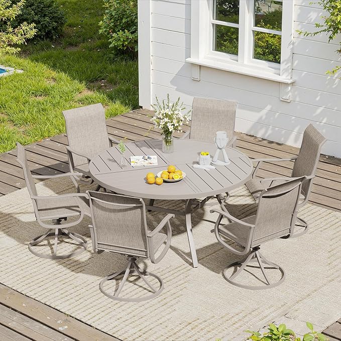 VICLLAX 7 Pieces Patio Dining Set, Patio Furniture Set of 6 Patio Swivel Dining Chairs and 50" Patio Spliced Round Tabletop, Sandshell Chairs & Sandshell Tabletop