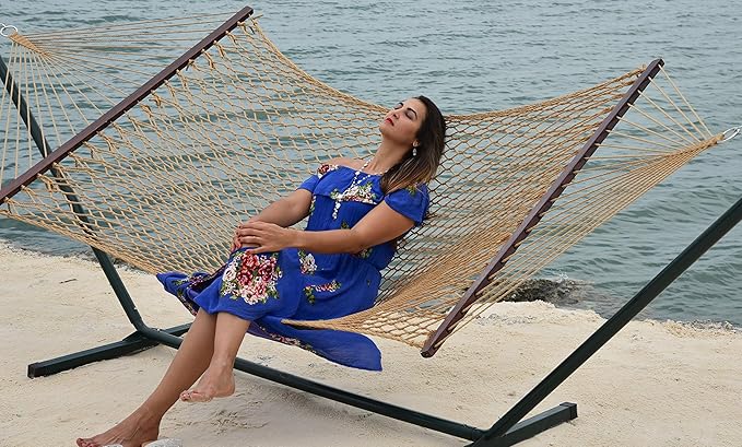 Island Escape Rope Hammock and Stand Set (Mocha Stand and Tan Hammock)