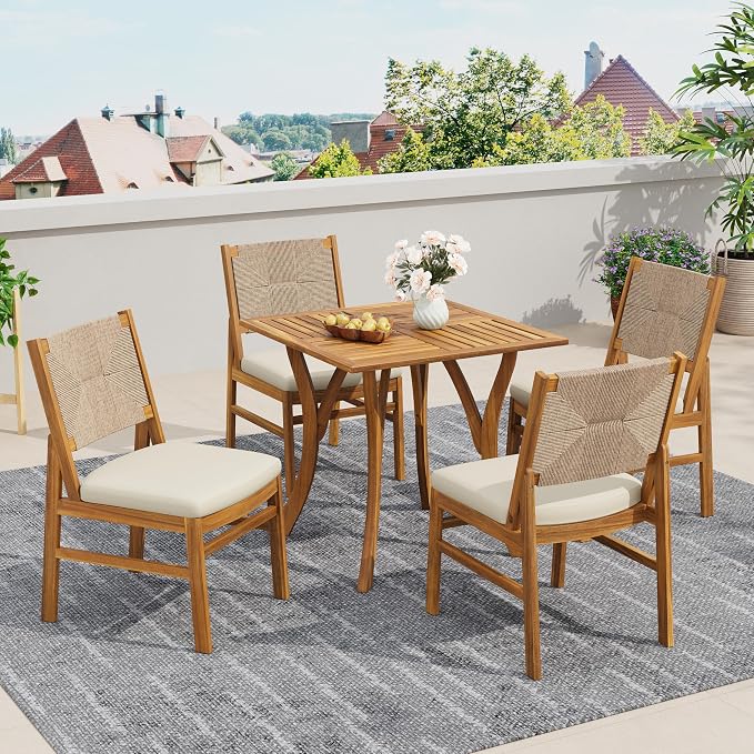 Christopher Knight Home 5 Piece Outdoor Dining Set Acacia Wood Square Table and 4 Light Brown Wicker Chairs with Cream Cushions Teak Finish Patio Furniture Set for Garden Backyard Balcony