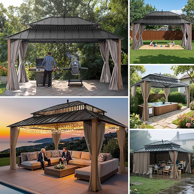 SUNJOY Kingston 16' x 12' Hardtop Gazebo with Galvanized Steel Double Roof, Curtain and Netting, Woodgrain Finish Aluminum Posts Permanent Pavilion Gazebo for Garden, Patio, Deck, Lawn