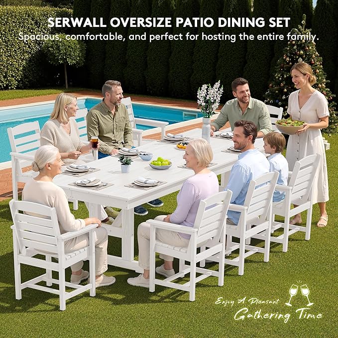 SERWALL 10 Piece Outdoor Dining Set with 15ft Triple-Head Foldable Umbrella(Based not Included), 84" HDPE Outdoor Table and Chairs for 8, White