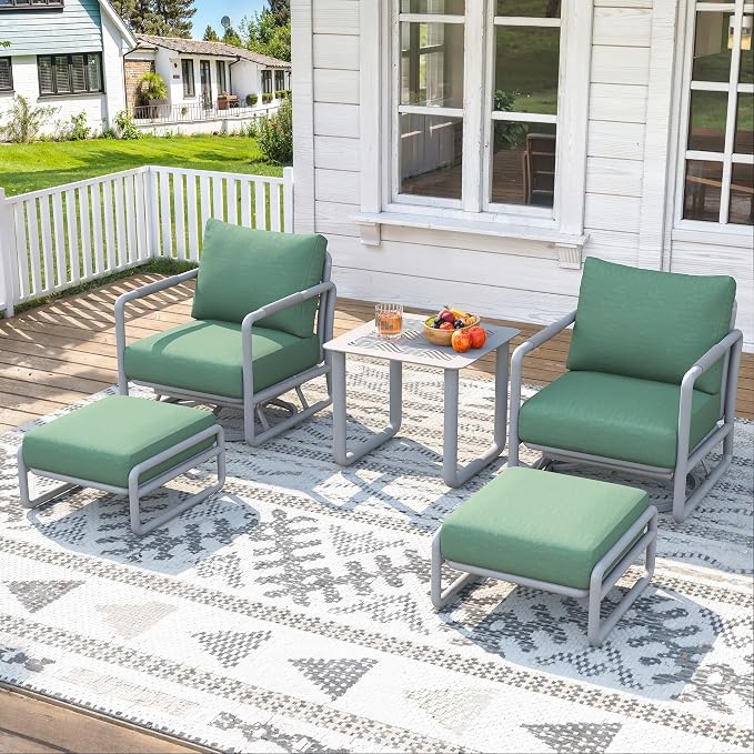5-Piece Outdoor Swivel Rocker Set with Ottomans, Aluminum Frame & 6.5" Thick Cushions, 380LBS Capacity & Side Table for Porch, Backyard