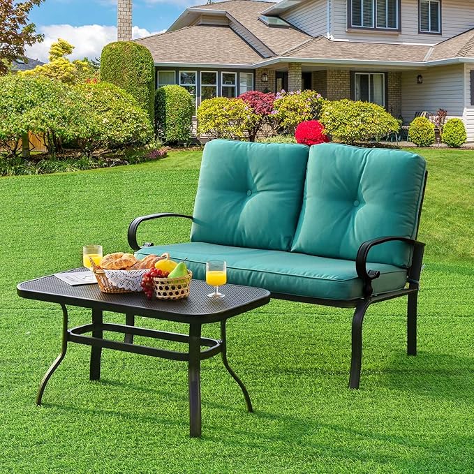 Tangkula Patio Loveseat with Table Set, 2 Seat Cushioned Sofa with Coffee Table, Patio Conversation Sofa Set with Rustproof Frame, 2 Pieces Outdoor Furniture Set for Garden, Poolside (Turquoise)