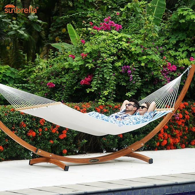 Lazy Daze Hammocks 12 FT Sunbrella Fabric Quilted Hammock Double Sunbrella Quilted Hammock with Spreader Bars & Pillow, All Weather and Fade Resistant for Outdoor, 450 lbs Capacity, Token Surfside