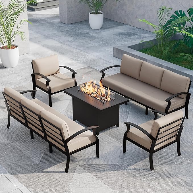 ALAULM Aluminum Patio Furniture Set with Propane Fire Pit Table 8-seat Metal Outdoor Furniture w/Fire Pit Patio Conversation Set w/5.1" Cushions for Patio, Backyard, Poolside-Sand