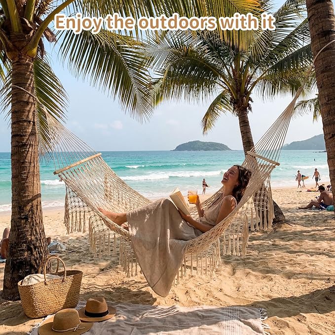Hand Woven Cotton Rope Hammock with Spreader Bar & Fringes, 10 ft Double Hammock for Patio Garden Yard Porch Camping Beach Indoor Outdoor Hanging Include Rope Straps, 2 Person, 450lb Capacity