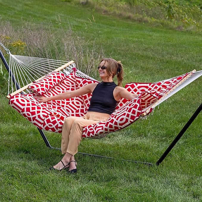 Sunnydaze Rope Hammock with Stand for Outside- 275-Pound Capacity - Includes 12-Foot Hammock Stand, Spreader Bar, Pad, and Pillow - Royal Red