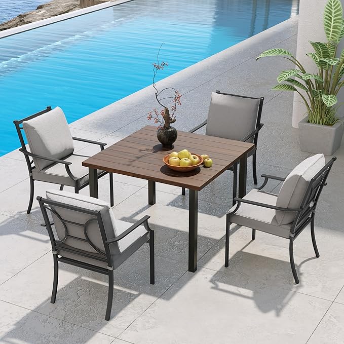 Grand patio 5-Piece Patio Dining Set for 4, E-Coated Outdoor Dining Set Fixed Patio Dining Chairs with Olefin Cushions & 1 Brown Square Faux Woodgrain Dining Table with 1.5”Market Umbrella Hole