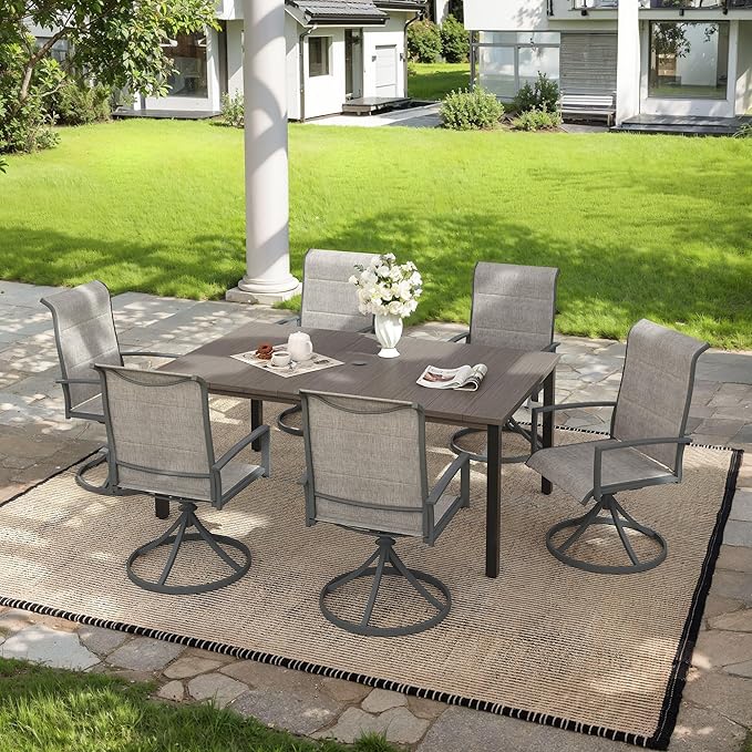 VICLLAX 7 Pieces Outdoor Dining Set, Patio Furniture Set Includes 63" Rectangular Metal Table W/ 1.9" Umbrella Hole and 6 Padded Textilene Swivel Chairs for Porch, Lawn, Garden, Backyard