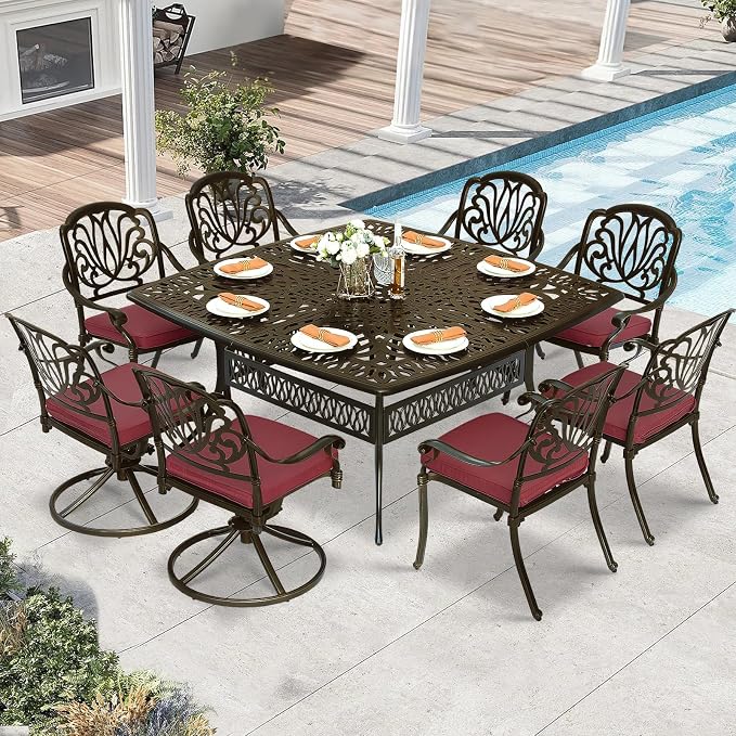 9 Piece Outdoor Patio Dining Set for 8, Cast Aluminium Large Square Dining Table & 2 Swivel Rocker Chairs, 6 Stationary, 8 Cushions, Umbrella Hole, Patio Furniture Set for Garden, Chili Red