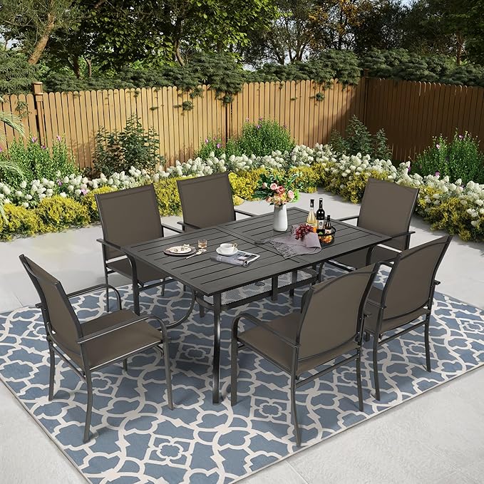 Crownland 7 Piece Patio Dining Set, Outdoor Textilene Dining Sets, 6 Textilene Metal Chairs and Rectangular Outdoor Dining Table with 1.57" Umbrella Hole (Brown)
