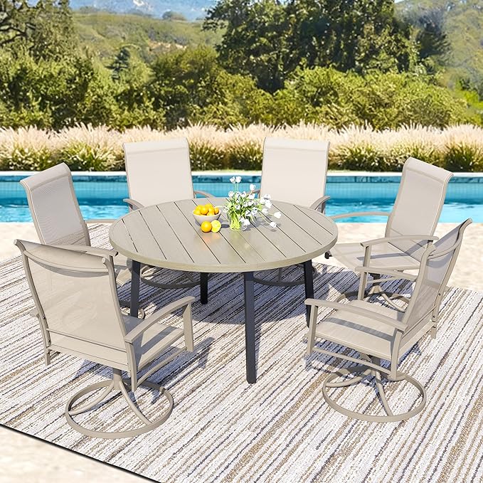 7 Piece Outdoor Patio Dining Set for 6, 47" Honey Oak Round Metal Table with 6 Ivory Beige Swivel Chairs, All-Weather Outdoor Furniture Set for Backyard, Lawn, Deck, or Poolside