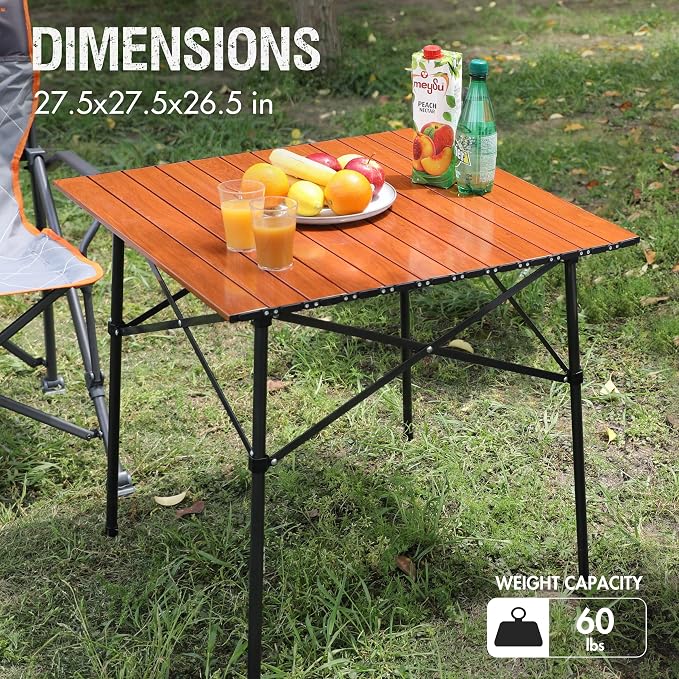 Portal Lightweight Aluminum Folding Square Table Roll Up Top 4 People Compact Table with Carry Bag for Camping, Picnic, Backyards, BBQ, Brown