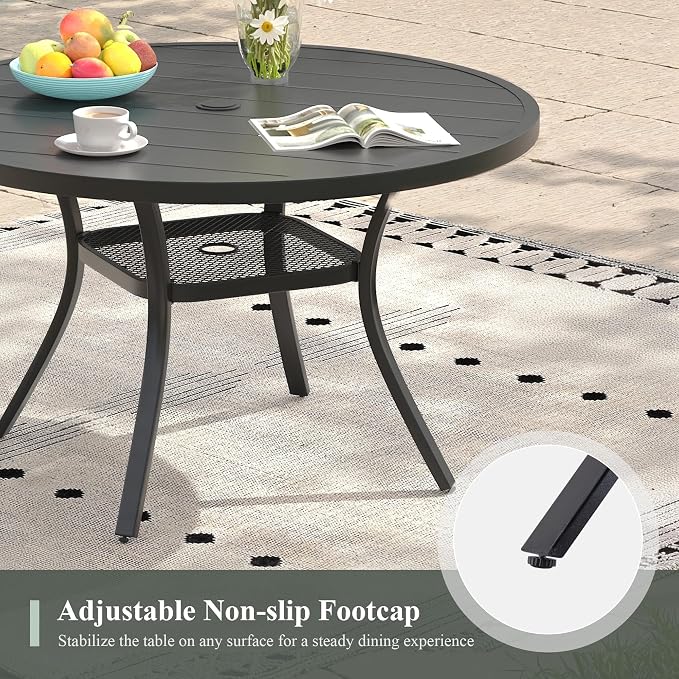 Outdoor Dining Set for 4, 40.6" Metal Round Outdoor Dining Table with Umbrella Hole and Wicker Stackable Patio Chairs, 5 Pieces Patio Table and Chairs Set for Garden Backyard, Black