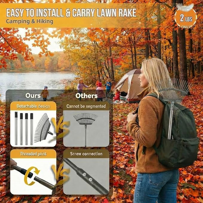 Heavy Duty Metal Bow Leaf Rake for Yard & Garden - 20" Wide Head with 25 Steel Teeth, 40-68" Adjustable Stainless Steel Handle, Rust-Resistant Garden Yard Rake for Leaves, Grass, Debris & Lawn Cleanup