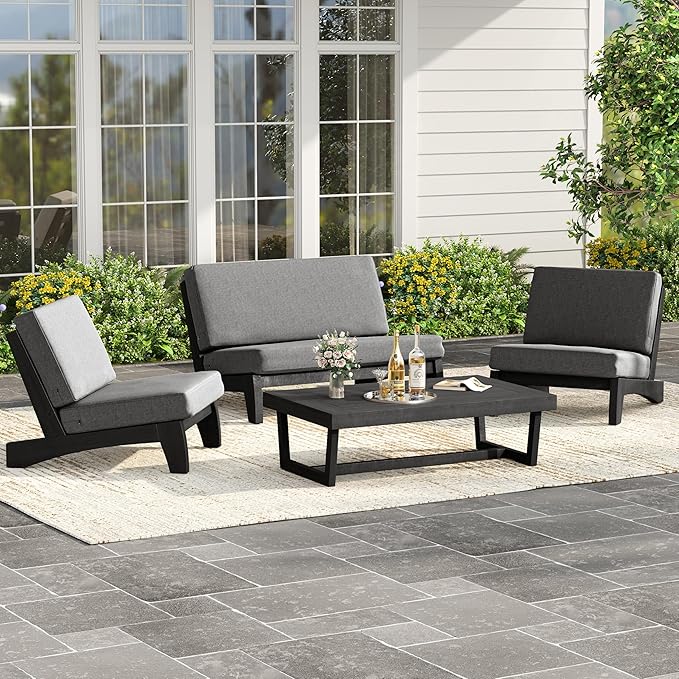 UIXE Black Wood Patio Furniture Sets, 4 Pieces All Weather Outdoor Sectional Futniture Patio Sofa Chair Backyard Conversation Set with Solid Wooden Coffee Table - Light Gray