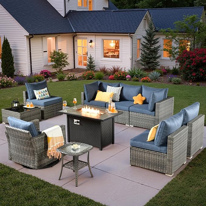 10 PCS Outdoor Patio Furniture Sets with 42'' Fire Pit Table,Wicker Weather Resistant Patio Conversation Set with Wicker Rocking Chair,Modular L Shaped Sofa with Coffee Table for Yard,Denim Blue