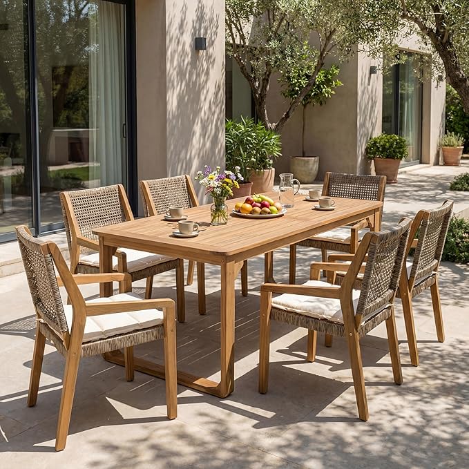 Christopher Knight Home Samma Acacia Wood Outdoor Dining Set for 6, Patio Dining Table Set for 6, Outdoor Dining Table and Sled Base, Dining Chairs with Cushion + Wicker Backrest, Teak+Brown+Cream