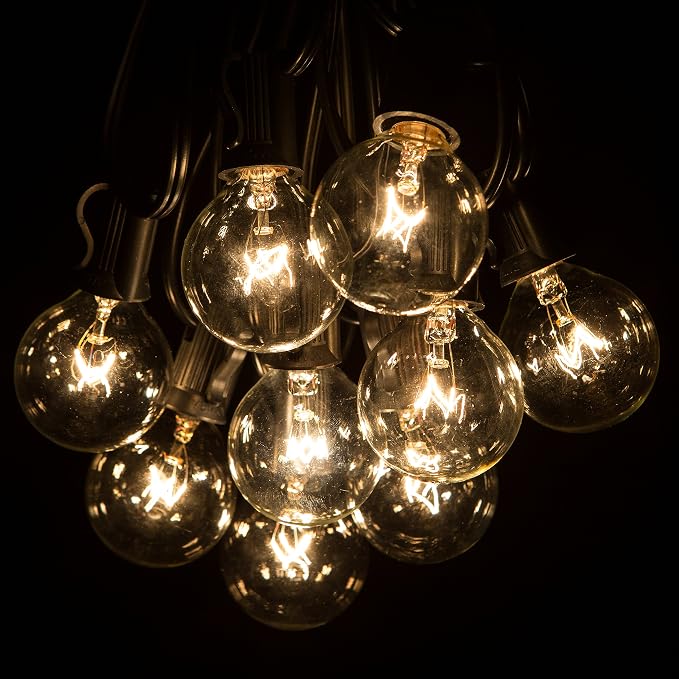 25’ G40 Globe String Lights Set with G40 Clear Light Bulbs and Black Wire | (+ 1 Free Spare) for Outdoor Deck, Patio, Balcony, Awning, Canopy, and Porch Lighting