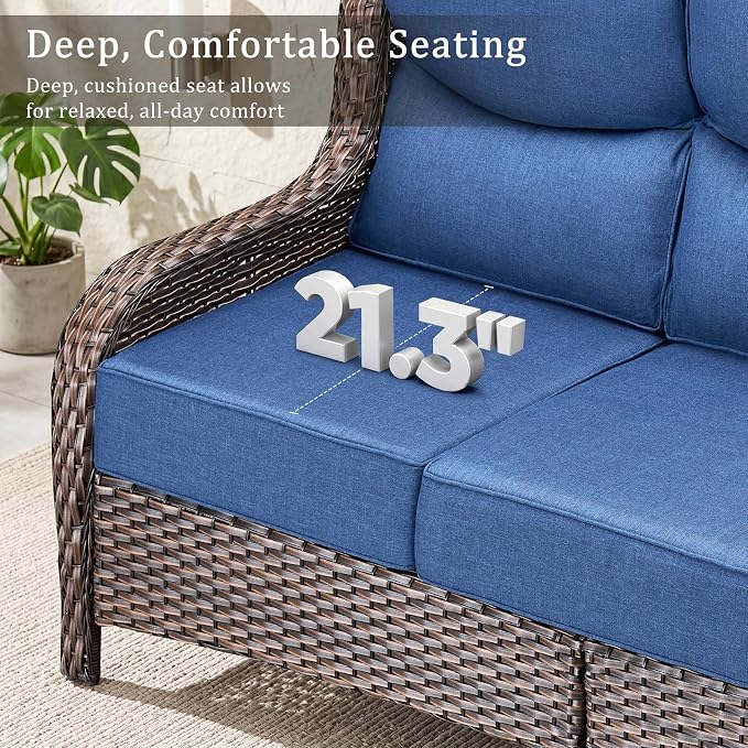 Luxury High Back Outdoor Furniture with 6-Inch Thick Cushions, Patio Furniture Set with Swivel Chairs, 5 PCS Wicker Conversation Set for Porch, Balcony, Deck and Yard