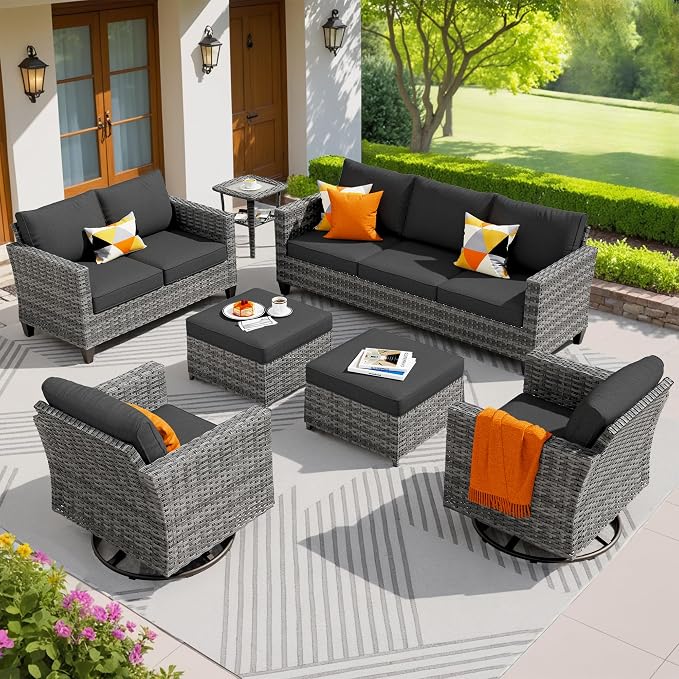 ovios 7 Pieces Patio Furniture Set, Outdoor Wicker Rattan Sofa Couch with Swivel Glider Chairs Loveseat Comfy Cushions Modern Conversation Set for Backyard Porch, Black
