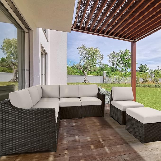 HAPPATIO 7 Piece Patio Conversation Set,Rattan Wicker Outdoor Sectional Sofa,All-Weather Patio Furniture Set,Multiple Combination Sofa. Patio sectional Set for Patio and Balcony.(Brown/Gray)