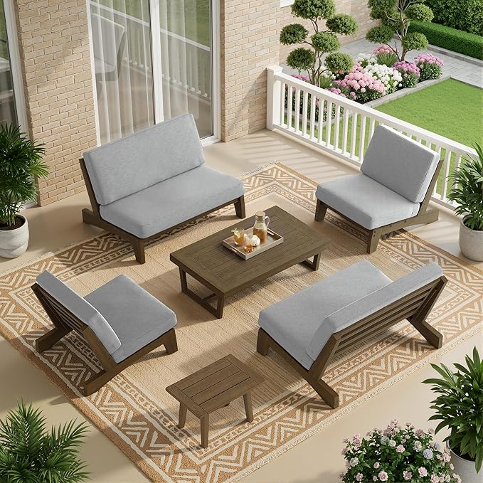 UIXE 6 Pieces Wood Patio Furniture Sets, 2 Patio Loveseat, 2 Patio Bistro Chair, All Weather Outdoor Sectional Sofa Furniture Backyard Conversation Set with Coffee Table - Grey