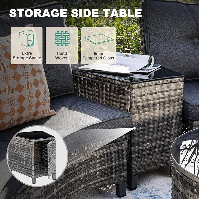 MEISSALIVVE 8 Piece Outdoor Patio Furniture Set, Half-Moon Curved Sectional Set with Wood Armrests, Patio Conversation Set for Porch,Deck,Balcony (Grey)
