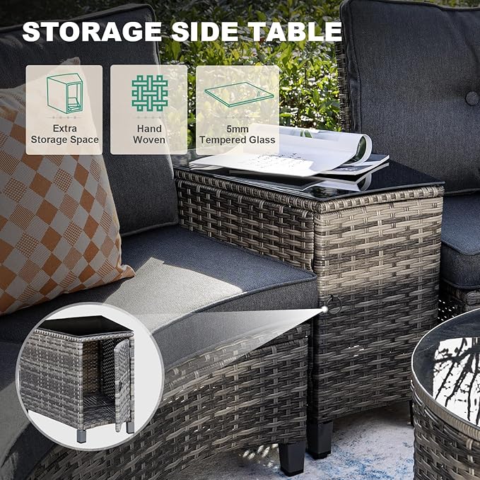 MEISSALIVVE 6 Piece Outdoor Patio Furniture Set, Half-Moon Curved Sectional Set with Wood Armrests, Patio Conversation Set, Tempered Glass Coffee & Side Tables (Grey)