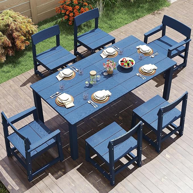 Jocoevol 7 Piece Outdoor Dining Table Set HIPS Patio Dining Sets with Umbrella Hole Outdoor Furniture for 6 All Weather Patio Furniture Set for Outside Deck Backyard Poolside Garden, Deep Blue