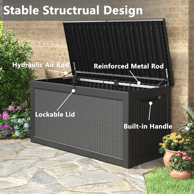 Bifanuo Outdoor Storage Box, 300 Gallon Deck Boxes Waterproof, Resin Storage Cabinet Multi Functional Storage Bench For Gardening Tools, Pool Supplies, Patio Furniture, Lockable