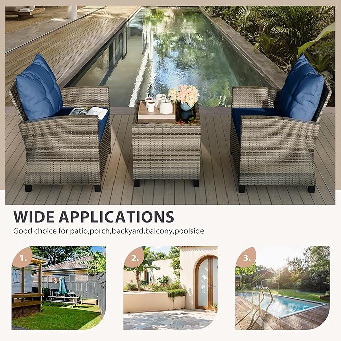 Vongrasig 3 Pieces Patio Furniture Set Small Outdoor Wicker Rattan Front Porch Bistro Set Cushioned Patio Chairs Conversation Set with Glass Table for Lawn, Garden, Backyard, Balcony, Blue