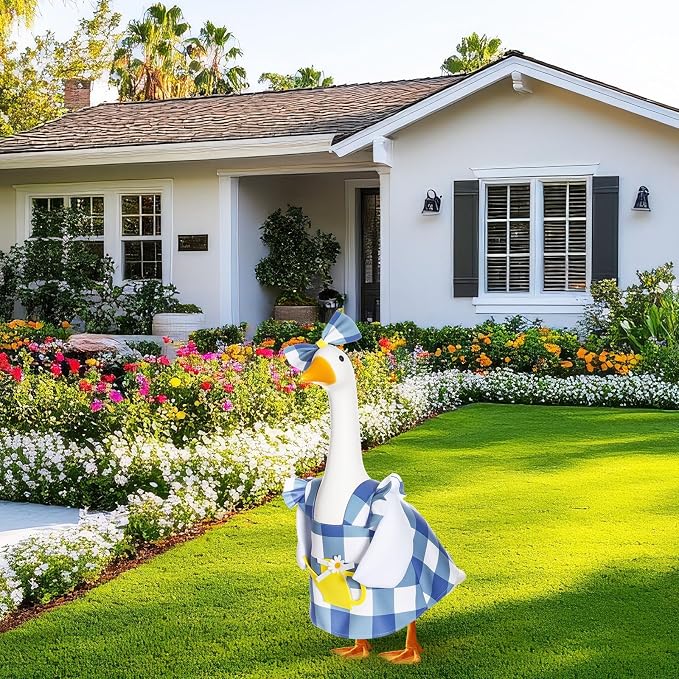 FuWeave Summer Spring Goose Outfit Flower Porch Goose Clothes for 23" Large Statue Outdoor Patio Yard Lawn Art Decoration(Plaid)