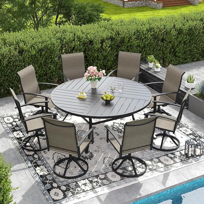 DIFY 9 Pieces Outdoor Dining Set, Metal Patio Table and Chairs Set for 8 with Umbrella Hole, 59.8" Black Round Table and Brown Textilene Swivel Patio Chairs for Garden, Backyard, Poolside