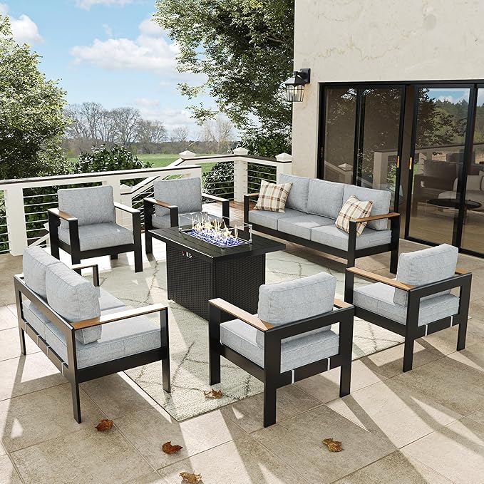 7 Pieces Aluminum Outdoor Patio Furniture Set with Fire Pit Table, Outside Metal Patio Conversation Sets with Deep Seating and Thick Cushions