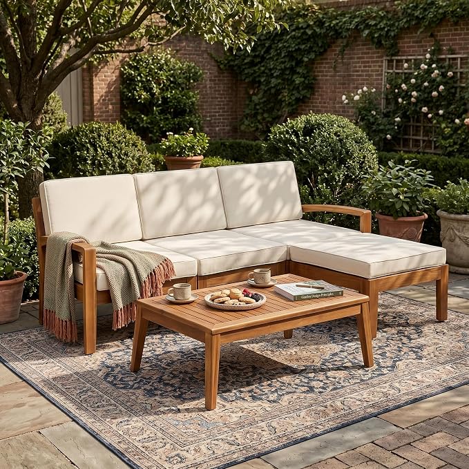 Outdoor L Shape 3pcs Acacia Wood Patio Sofa Set
