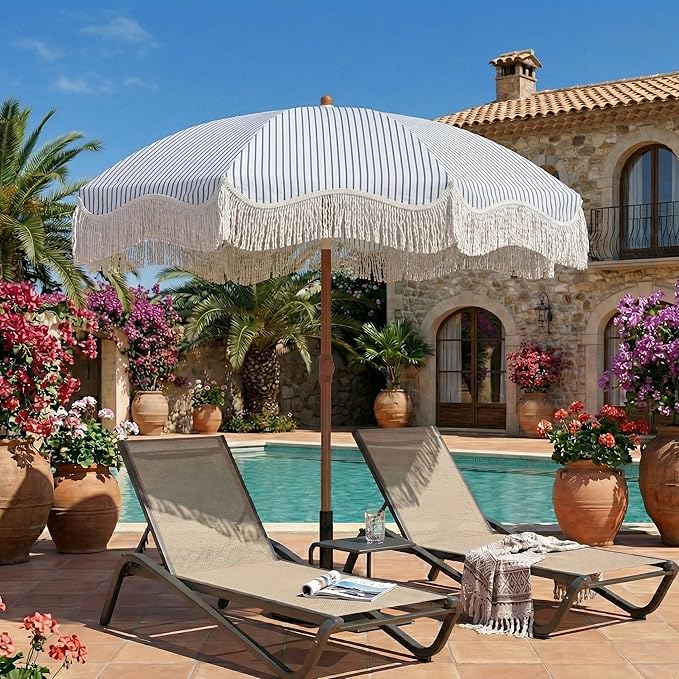 7ft Patio Umbrella with Fringe, Boho Beach Umbrellas, Outdoor Tassels Umbrellas with Push Button Tilt & Carrying Bag, 8 Windproof Fiberglass Ribs, UPF50+