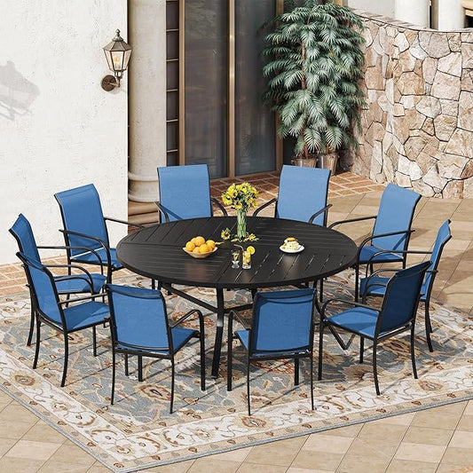 VICLLAX 11 Pieces Patio Outdoor Dining Set, 60" Large Round Metal Table with Umbrella Hole and 10 Stackable Textilene Chairs for Patio, Lawn, Garden, Porch, Black/Dark Blue