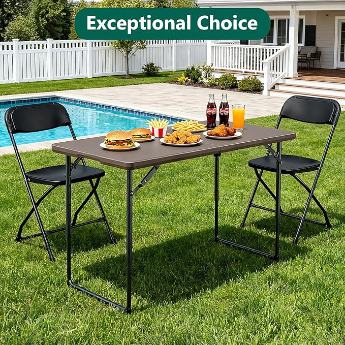 2 Pack Folding Table, 4FT Foldable Picnic Table with Adjustable Height, Heavy Duty Fold-in-Half Portable Table for Weddings, Camping, RV Travel, Parties, BBQs, Easy to Fold and Store, Khaki