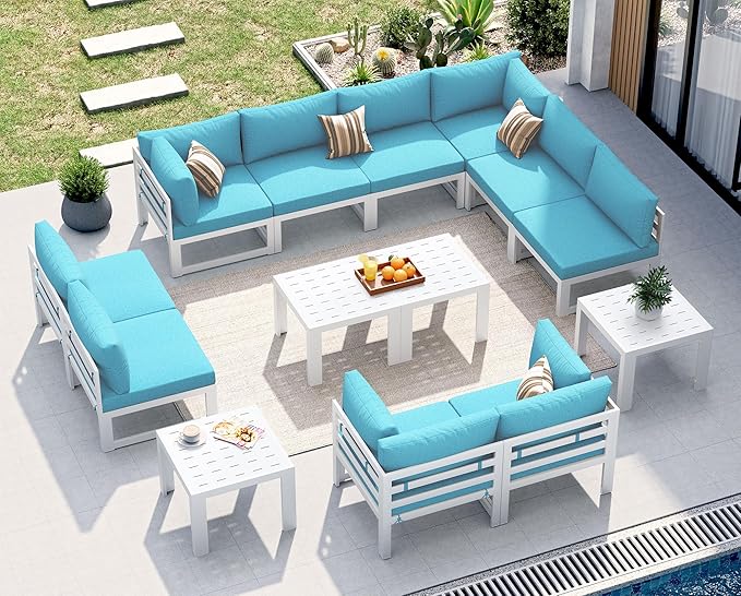 NICESOUL 14 Pcs Large Modern Aluminum Patio Furniture Set, L Shaped All Weather Modular Sectional Sofa with Coffee Table, 500 lbs Heavy Duty Comfortable Outdoor Couch for Poolside Backyard, Teal