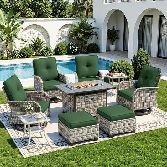 9-Piece Small Patio Furniture Set, Outdoor Swivel Rocking Chairs Set with 55,000 BTU Fire Pit Table Wicker Chairs and Ottomans, Patio Bistro Set for Balcony, Deck, Porch,Dark Green