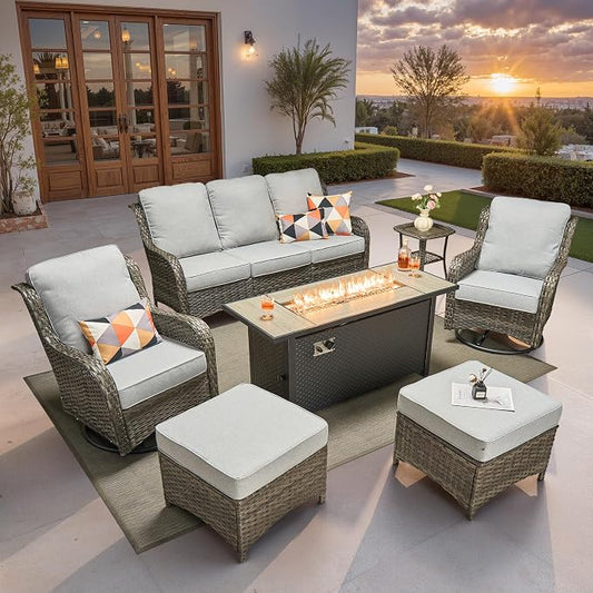 ovios 7-Piece Patio Furniture Set with Swivel Chairs Side Table, Outdoor Wicker Sofa with 54" Fire Pit Table, High Back Couch Modern Conversation Sets, Grey/Grey
