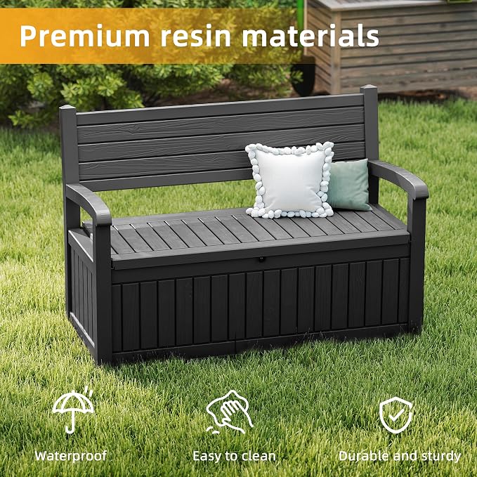 EasyUp 80 Gallon Outdoor Storage Bench Lockable Deck Box Outdoor Storage Box Waterproof for Patio,Garden,and Porch – Perfect for Storing Garden Tools and Cushions(Black Srtipe)