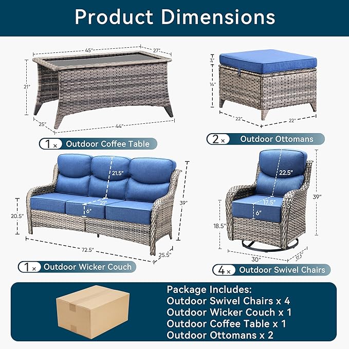 Luxury 8 Pieces Outdoor Patio Furniture Set-All Weather Wicker Swivel Rocker Patio Chairs with 6" Thick Cushion Rattan Sofa Coffee Table, Outdoor Conversation for Garden Porch Backyard(Grey/Blue)