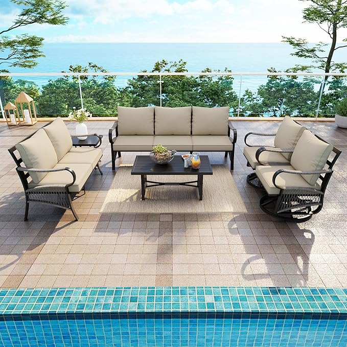 6 Pieces Patio Conversation Sets, All-Weather Metal Swivel Rocking Chairs with Rope Furniture Set, Outdoor Sofa Couch for Deck, Porch, Garden, Backyard, Poolside (Beige Cushions)