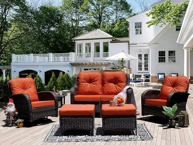 Patio Furniture Conversation Set with Ottomans, 6 Piece Wicker Patio Swivel Rocking Chairs with 360° Swivel Glider and Glass Coffee Table for Porch, Deck, Garden,Red