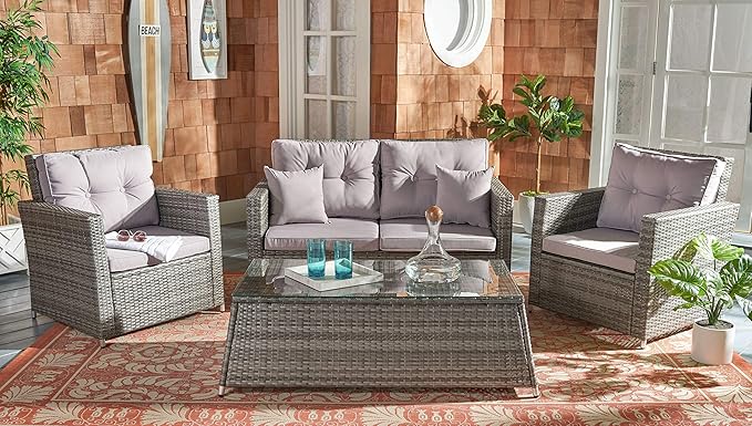 SAFAVIEH Outdoor Collection Lorma Grey/Grey Wicker 4-Piece Conversation Patio Set